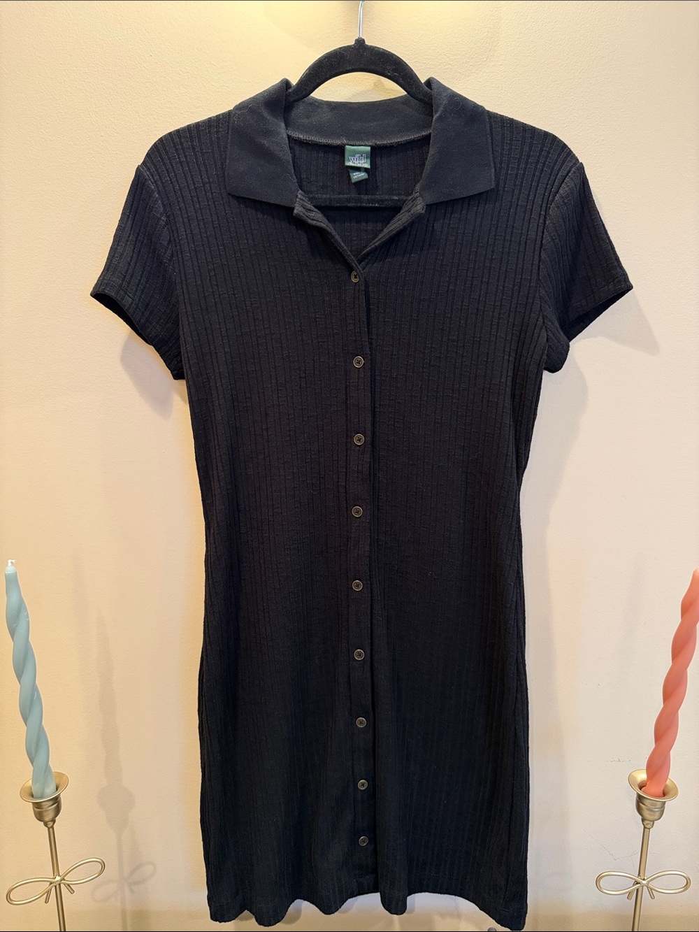 Target Black Ribbed Short-Sleeve Button-Down Shirt Dress